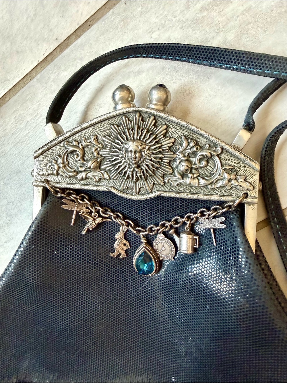 Moulin Rouge by James Culver Navy leather pewter jeweled crossbody shoulder blue - Picture 16 of 16